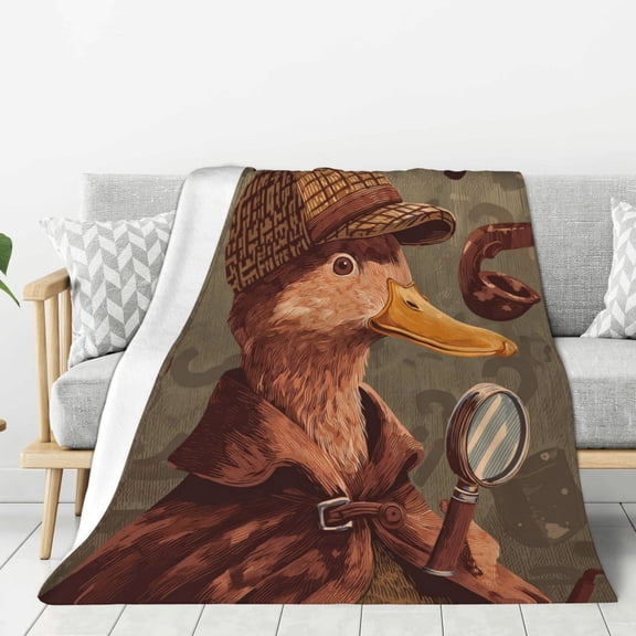 Funny Detective Duck Throw Blanket, Sherlock Holmes Style Mystery Art, Dark Academia Flannel Fleece for Reading Nooks, Library Decor 50x40