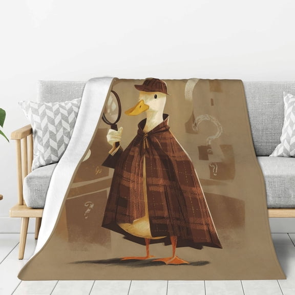 Funny Detective Duck Throw Blanket, Sherlock Holmes Style Mystery Art, Dark Academia Flannel Fleece for Reading Nooks, Library Decor 50x40