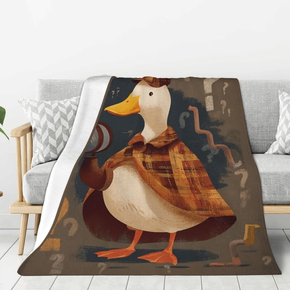 Funny Detective Duck Throw Blanket, Sherlock Holmes Style Mystery Art, Dark Academia Flannel Fleece for Reading Nooks, Library Decor 50x40