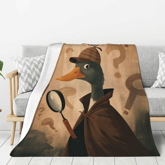 Funny Detective Duck Throw Blanket, Sherlock Holmes Style Mystery Art, Dark Academia Flannel Fleece for Reading Nooks, Library Decor 50x40