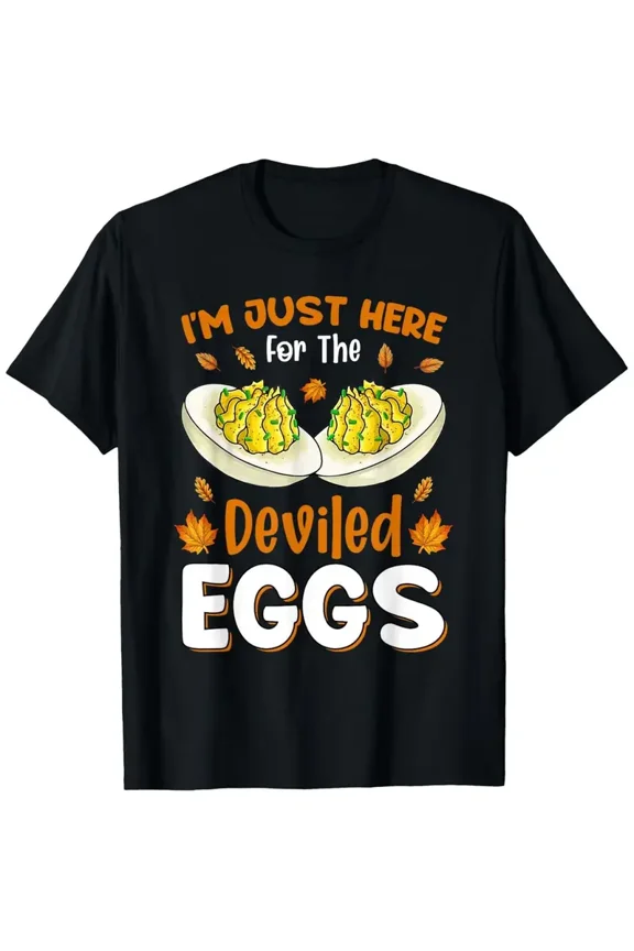 Funny Deviled Eggs Graphic T-Shirt for Men - "I'm Just Here for the Deviled Eggs" Saying - Soft Breathable Loose Fit Crew Neck Tee - Black Shirt with Orange Text - Sizes S-3XL