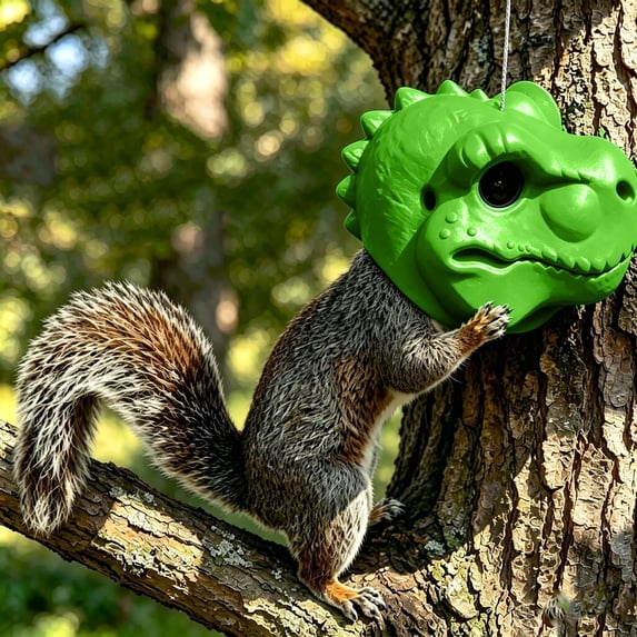 Funny Dino Head Squirrel Feeder | Hanging Animal Horse Heads Feeders for Squirrels | Outdoor Backyard Patio Garden Yard Decor (Green)