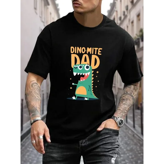 Funny Dino-Mite Dad Graphic for Men Short Sleeve Casual T-Shirt