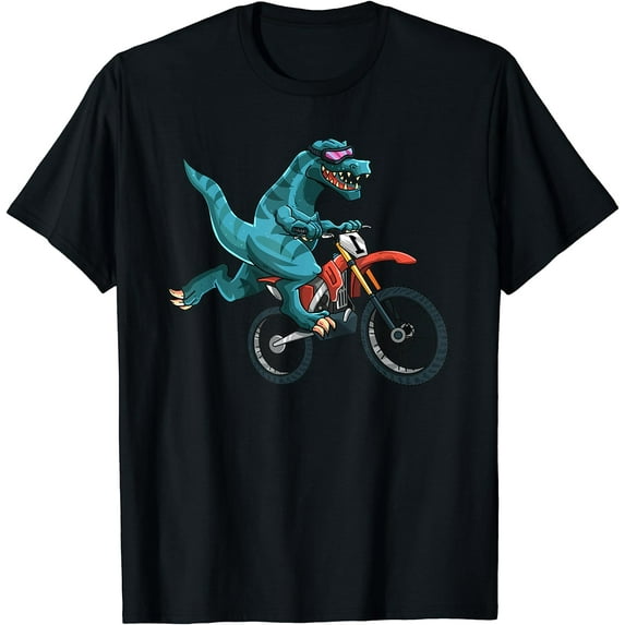 Funny Dino On Dirt Bike T-Rex Lover Rider Motorcycle Riding T-Shirt Black 4X-Large
