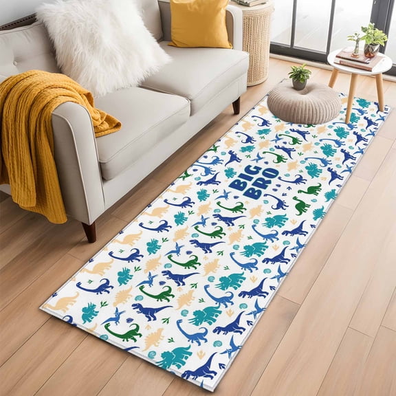 Funny Dinosaur 2'x6' Runner Rugs for Hallway Kitchen Bedside Non Slip, Cute Dino Blue Cartoon Boys Girls Children Entryway Rug Runners with Rubber Backing, Long Carpet Runner for Laundry Room
