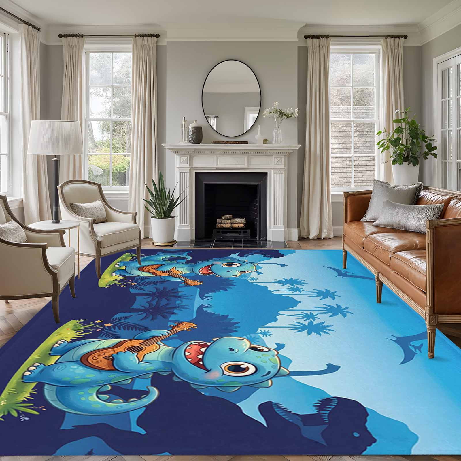 Funny Dinosaur Area Rugs 5'x8', Washable Small Throw Rugs for Classroom Bedroom, Playing Guitar Palm Tropical Blue Silhouette Indoor Outdoor Rug Non-Slip Low Pile Carpet Runner Reversible Floor Mats