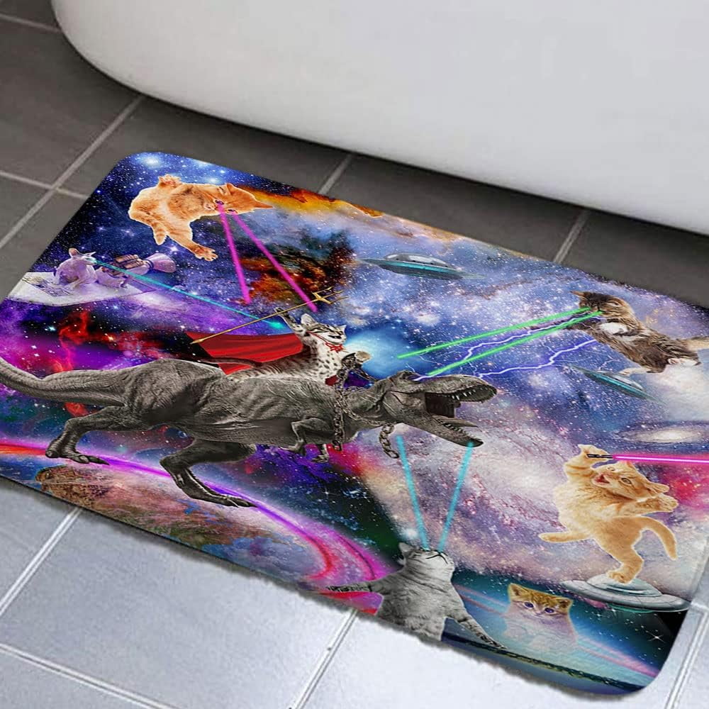 Funny Dinosaur Bath Mats for Boys, Galaxy Space Cute Cool Cat Riding