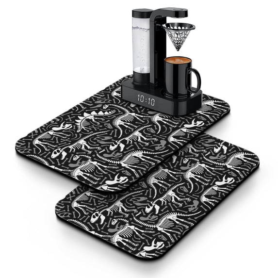 Funny Dinosaur Coffee Bar Mat 2-Pack - Vibrant Watercolor Dino Design, Non-Slip Absorbent Mats for Coffee Machine & Espresso Maker