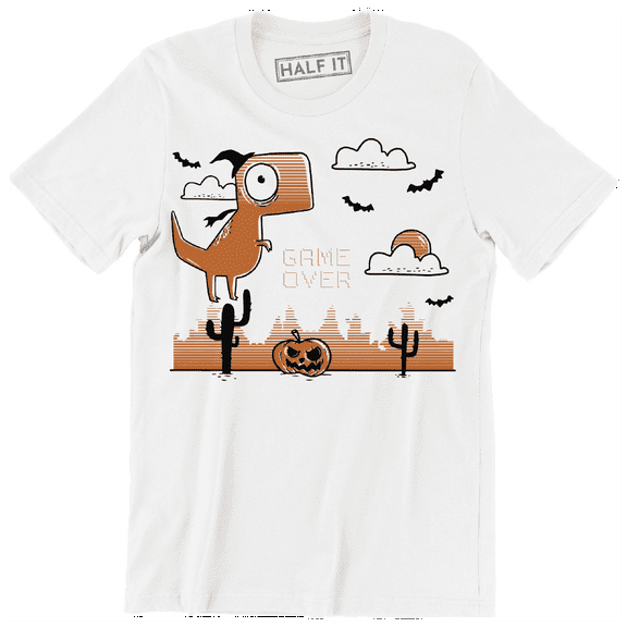 Funny Dinosaur Jumping Over Cactus With Halloween scene T-Shirt