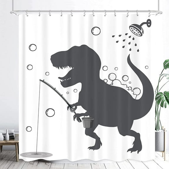 Funny Dinosaur Kids Shower Curtain Bathroom Set 72Wx72H Inches Boys Child Cute Cartoon Dino Silhouette Shadow Bath Accessories Black White Art Home Decor Fabric 12 Pack Hooks