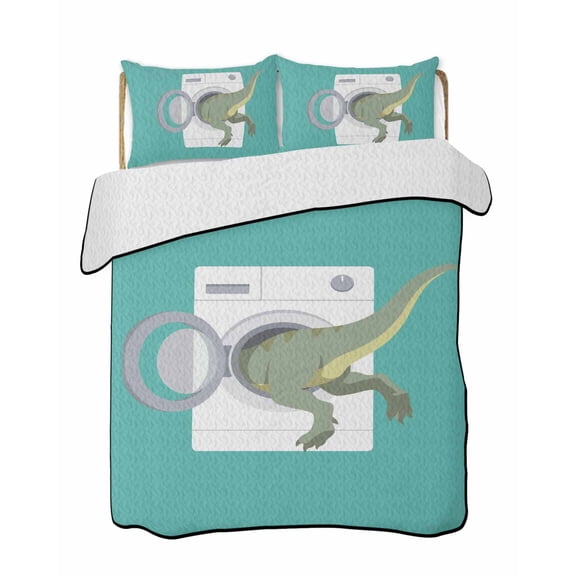 Funny Dinosaur Quilts Bedding Set California King Dinosaur's Butt White Washing Machine Farmhouse Lightweight Quilted Bedspread 3 Piece Bed Quilt with 2 Pillow Shams All Season for Bedroom 96" x 106"