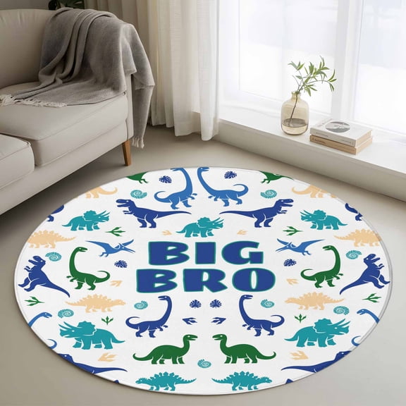 Funny Dinosaur Round Area Rug 3Ft Washable Small Circle Rugs for Kitchen Entryway, Cute Dino Blue Cartoon Boys Girls Children Non-Slip Carpet Floor Mats Indoor Outdoor Carpet Runner Home Decor
