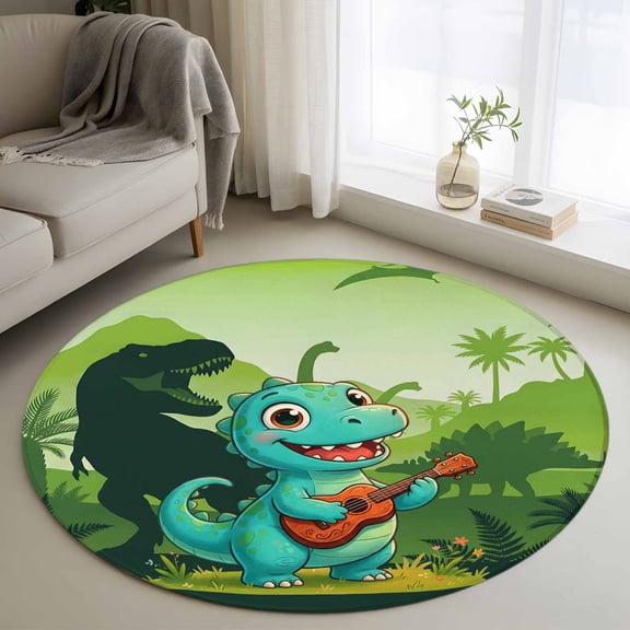 Funny Dinosaur Round Area Rug 3Ft Washable Small Circle Rugs for Kitchen Entryway, Playing Guitar Palm Tropical Green Silhouette Non-Slip Carpet Floor Mats Indoor Outdoor Carpet Runner Home Decor