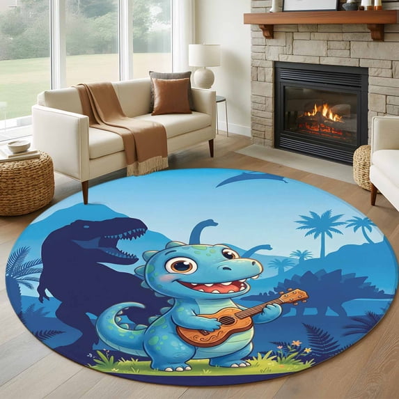 Funny Dinosaur Round Area Rug 5Ft Washable Circle Rugs for Living Room Bedroom, Playing Guitar Palm Tropical Blue Silhouette Non-Slip Carpet Floor Mats Indoor Outdoor Carpet Runner Home Decor