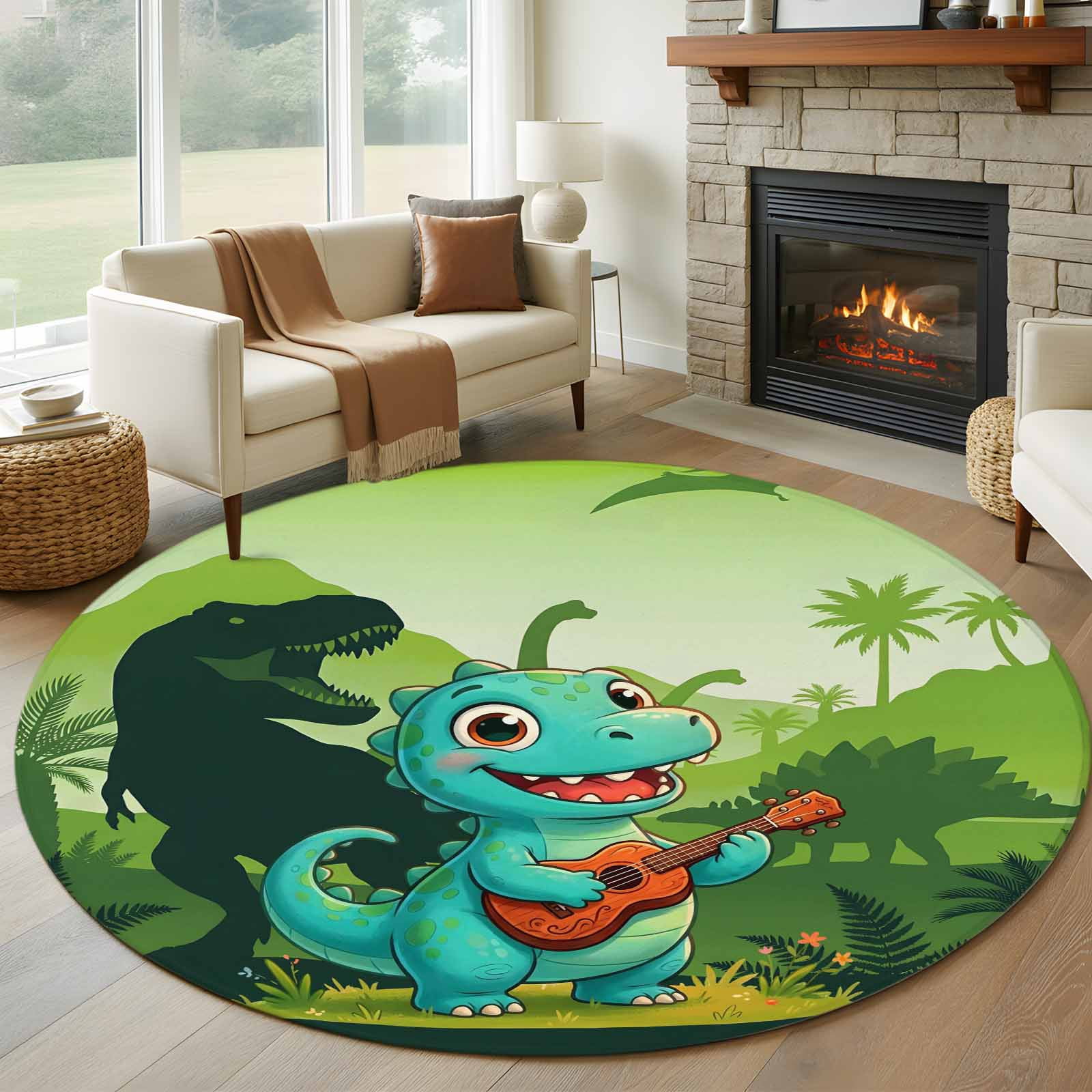 Funny Dinosaur Round Area Rug 6Ft Washable Circle Rugs for Bathroom Office, Playing Guitar Palm Tropical Green Silhouette Non-Slip Carpet Floor Mats Indoor Outdoor Carpet Runner Aesthetic Home Decor