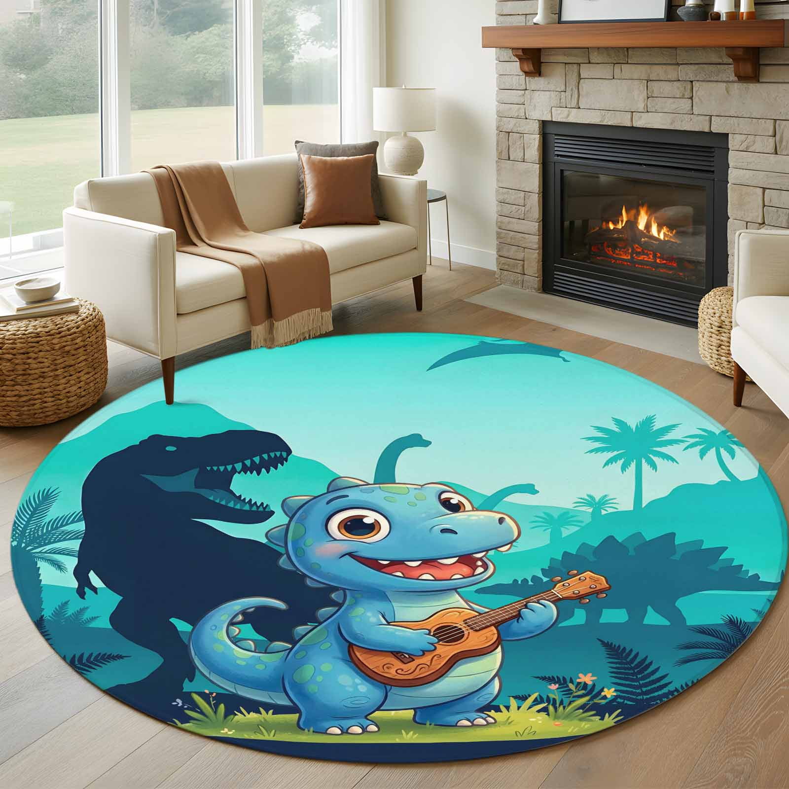 Funny Dinosaur Round Area Rug 7Ft Washable Circle Rugs for Dorm Laundry Room, Playing Guitar Palm Tropical Fern Silhouette Non-Slip Carpet Floor Mats Indoor Outdoor Carpet Runner Aesthetic Home Decor