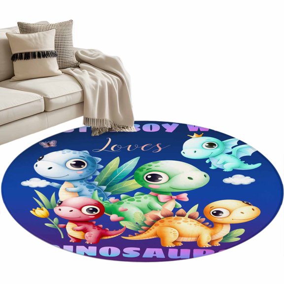 Funny Dinosaur Round Area Rugs Collection 3', Cute Dino Purple Cartoon Boys Girls Children Non Slip Indoor Circular Throw Runner Rug Floor Mat Carpet for Living Room Dining Table Bedroom Nursery