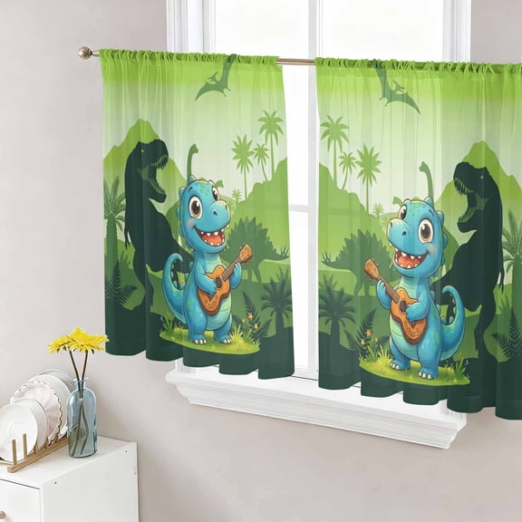 Funny Dinosaur Sheer Curtains 45 Inch Length 2 Panels Set, Playing Guitar Palm Tropical Green Silhouette Voile Window Treatment Rod Pocket Small Kitchen Curtains Drapes for Bedroom 52"x45"x2
