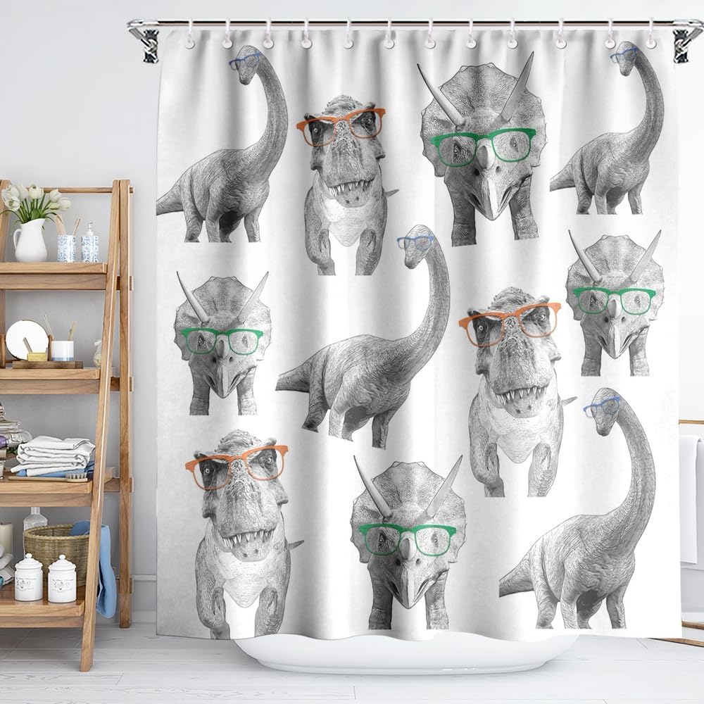 Funny Dinosaur Shower Curtain – Gray & White Cartoon Dino Bathroom Decor For Kids, Boys, Unique Bathroom Set