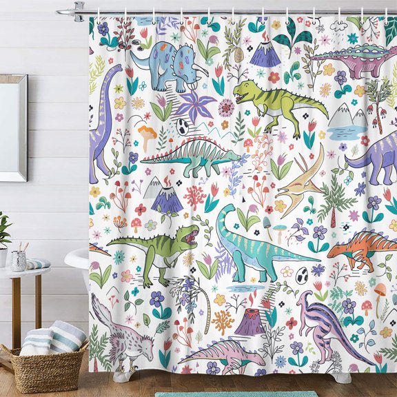 Funny Dinosaur Shower Curtain for Kids Boys, Bright Cartoon Cool Dino Trex Mushroom Plant Leaf Flowers Aesthetics Shower Curtain Set Polyester Fabric with Hooks 60X70IN
