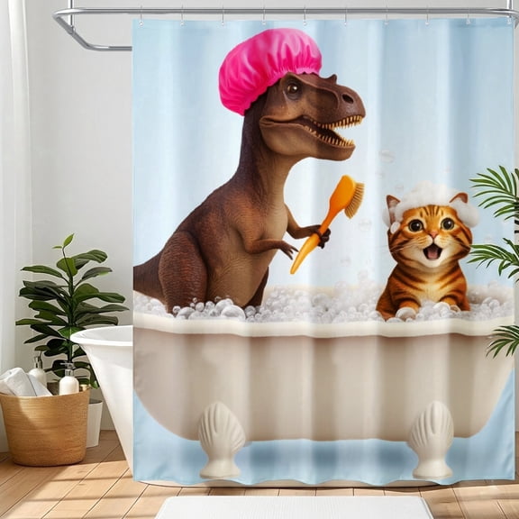 Funny Dinosaur Tyrannosaurus Rex in Bathtub Shower Curtain Pink Shower Cap Bubble Bath Waterproof Kids Bath Curtain