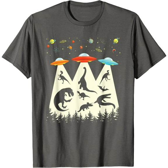 Funny Dinosaur UFO Lover Retro Vintage Alien Abduction Unisex T-Shirt for Men Women Kids,Charcoal Color,Size 4XL