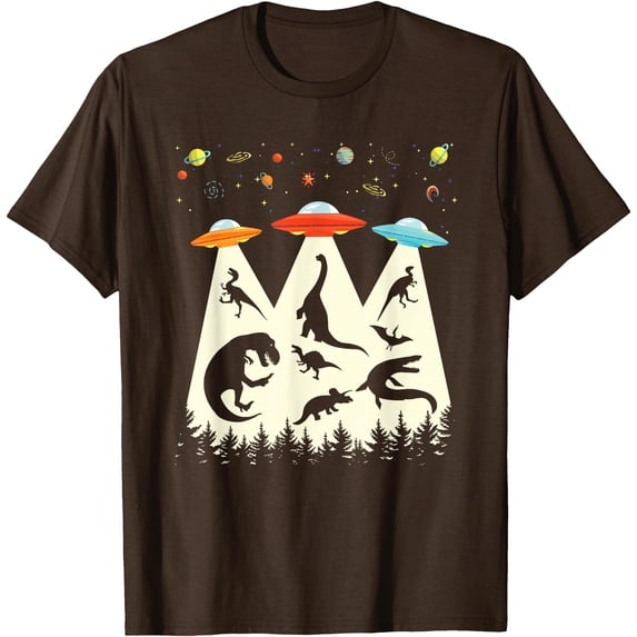 Funny Dinosaur UFO Lover Retro Vintage Alien Abduction Unisex T-Shirt for Men Women Kids,Dark Chocolate Color,Size YL