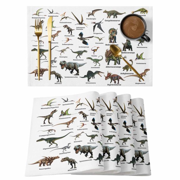 Funny Dinosaurs Placemats Set of 4, Primitive Natural Wild Animals Names Placemats for Dining Table, Place Mats for Kitchen Tabletop, Waterproof Wipeable Dining Table Mats Set
