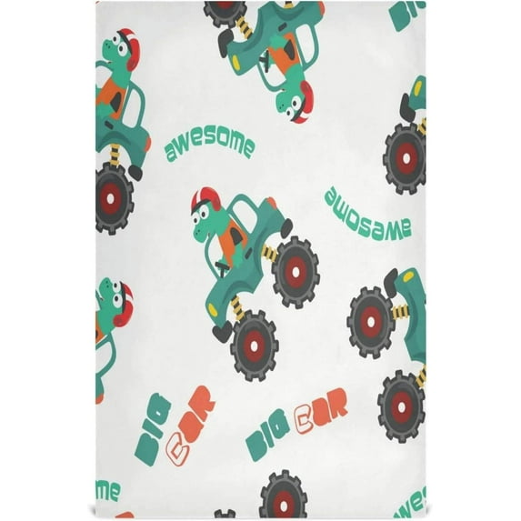 Funny Dinosaurs Riding Big Car Dish Towels Set of 6, Monster Truck Cartoon Washable Tea Towels Dishcloths Lint-Free 18x28 Inch Fast Drying for Kitchen Restaurant Bar Clean