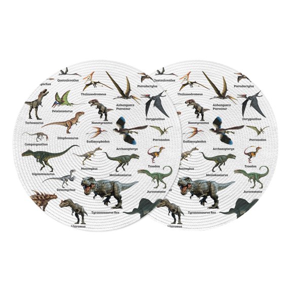 Funny Dinosaurs Round Placemats Set of 2 Primitive Natural Wild Animals Names Place Mats Indoor Woven Table Mats Washable Heat-Resistance Braided Dining Table Placemats for Kitchen Party 13 Inch