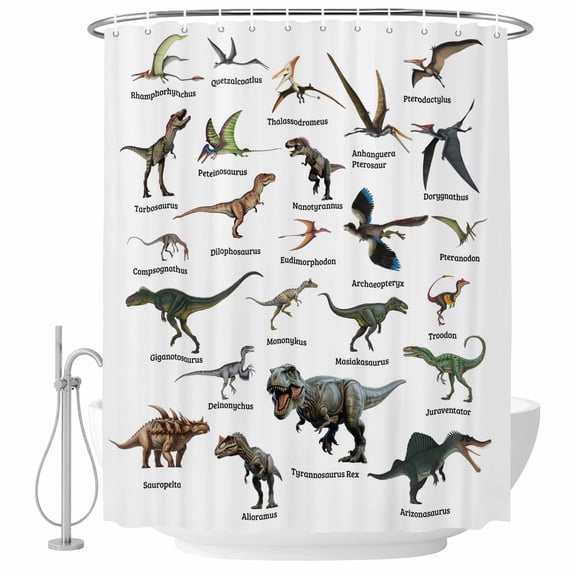 Funny Dinosaurs Shower Curtain Set - 48" x 72" Washable Bathtub Curtain with 12 Hooks, Primitive Natural Wild Animals Names Waterproof Fabric Stall Shower Curtains for Bathroom/Bathtub Décor