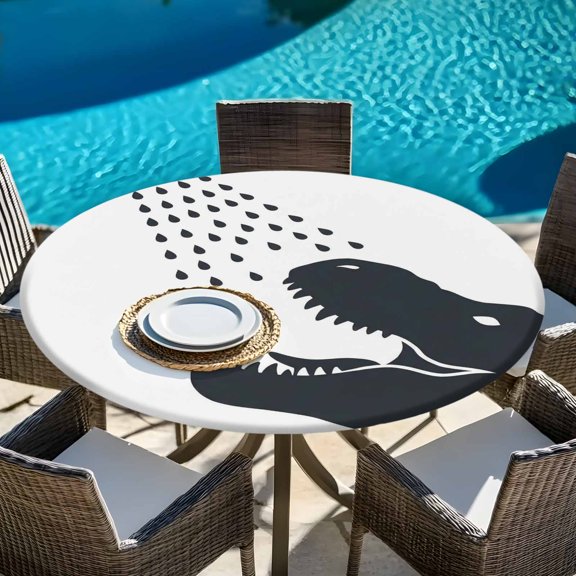 Funny Dinosaurs Taking A Shower Round Fitted Tablecloth with Elastic Edge,Waterproof Table Cloth Fits Tables Up to 45"-54",Wipeable Table Cover for Indoor Outdoor Dinning Party,Black Animal Print