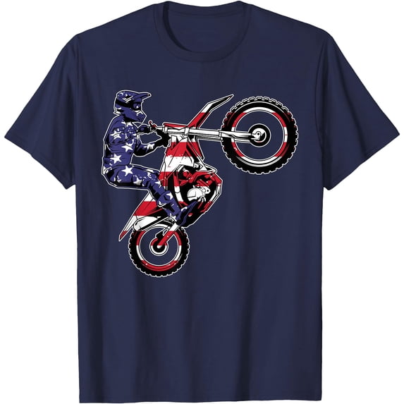 Funny Dirt Bike Art Motorcycle Dirtbike US Flag Softstyle Unisex T-Shirt,Navy Color,Size M