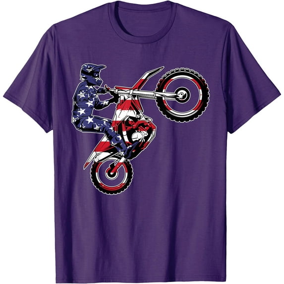 Funny Dirt Bike Art Motorcycle Dirtbike US Flag Softstyle Unisex T-Shirt,Purple Color,Size L
