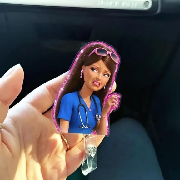 Funny Disgusted Nurse Badge Reel Brunette Doll | Pink Glitter Retractable ID Badge Holder