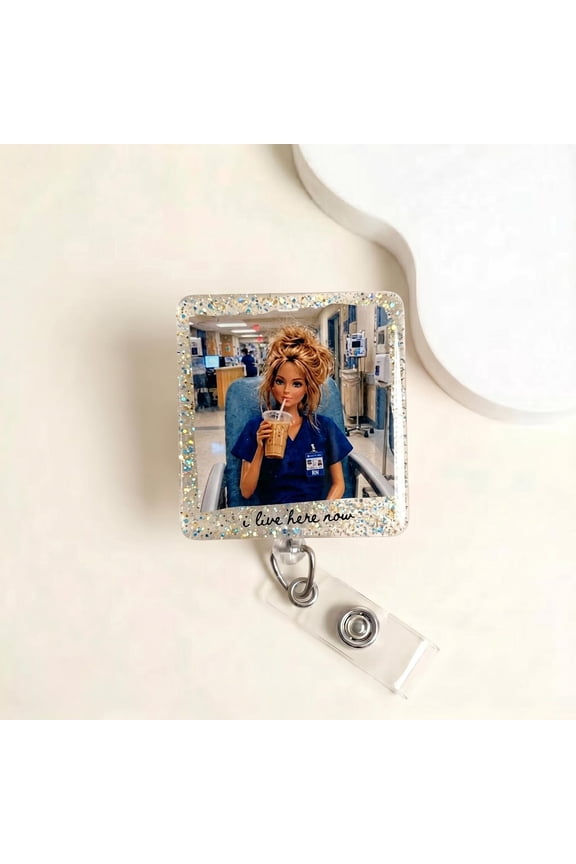 Funny Disgusting Doll Nurse Badge Reel | I Live Here Now Meme Retractable ID Holder | Sarcastic Creepy Ugly Hospital Humor Coworker Gift