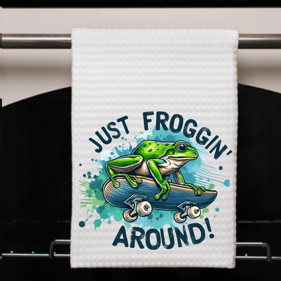 Funny Dish Towel Cute Frog Kitchen Decor 16x24 Absorbent Waffle Weave "Just Froggin Around"
