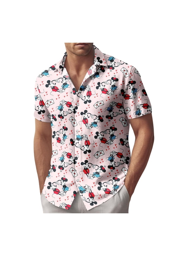 Funny Disney Mickey Minnie Heart Button Shirt, Disney Mickey Minnie Valentine Hawaii Shirt, Disney Couple WDW Disneyland Shirt