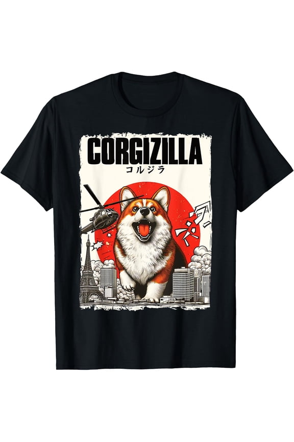 Funny Distressed Giant Corgi Dog City Monster Graphic T-Shirt for Dog Mom Dad Fans
