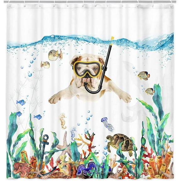 Funny Diving English Bulldog Fabric Shower Curtain, Coral Reef Fish Turtle Octopus Starfish Shower Curtain for Bathroom, Cute Pet Animal Shower Curtain with Hooks 69 x 70 Inch