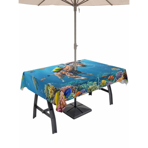Funny Diving Giraffe Outdoor Tablecloth - 60x102 Inch Rectangle Dining Table Cover, Ocean Coastal Coral Fish Marine Life Waterproof Outdoor Table Cloth with Umbrella Hole & Zipper for Picnic/Patio