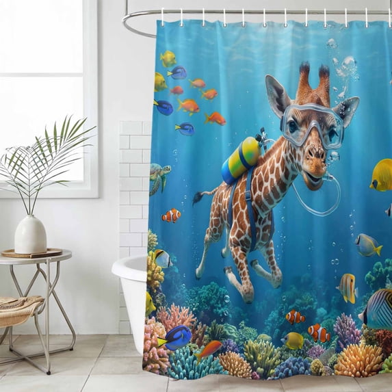 Funny Diving Giraffe Shower Curtain Set, Waterproof Shower Curtains for Bathroom, Ocean Coastal Coral Fish Marine Life Washable Fabric Bath Curtain for Bathtub Decoration with Hooks 66x72 Inches