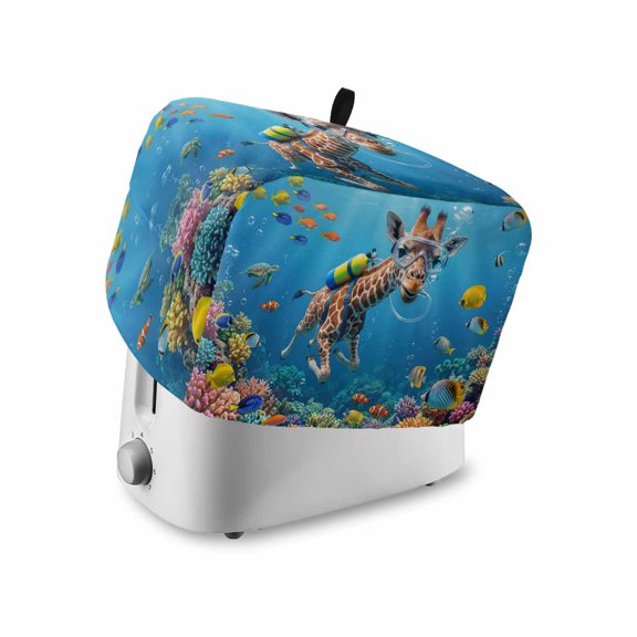 Funny Diving Giraffe Small Toaster Cover 2 Slice, Kitchen Appliance Covers, Ocean Coastal Coral Fish Marine Life Toaster Oven Cover with Loop, Bread Machine Cover Polyester Dust Cover Protection