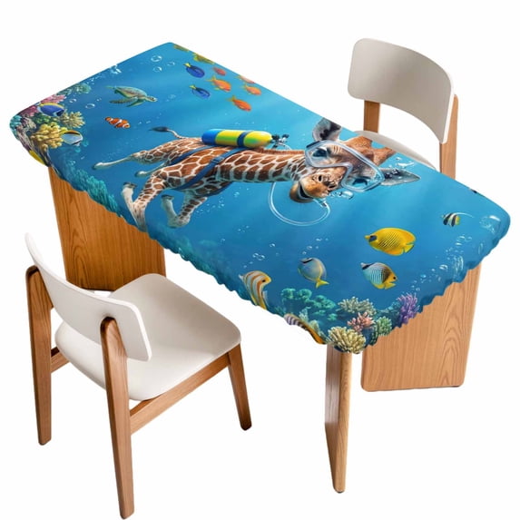 Funny Diving Giraffe Table Cloths for 5 Foot Rectangle Tables, Ocean Coastal Coral Fish Marine Life Patio Waterproof Elastic Fitted Tablecloths, Washable Rectangular Table Cover for Camping