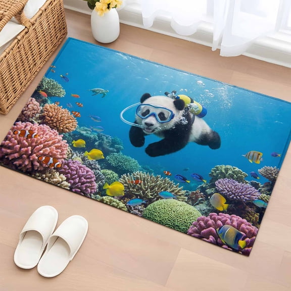 Funny Diving Panda 2'x3' Washable Rug, Ocean Sea Coastal Coral Fish Marine Life Non-Slip Soft Doormat Area Rugs for Entrance Bathroom Bedsides, Carpet for Kitchen Bedroom, Entryway Floor Mat