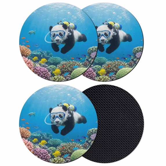 Funny Diving Panda Coasters Set of 4, Absorbent Coasters for Drinks, Ocean Sea Coastal Coral Fish Marine Life Coaster for Desk Coffee Table Protection, Home Decor House Warming Gifts 4"