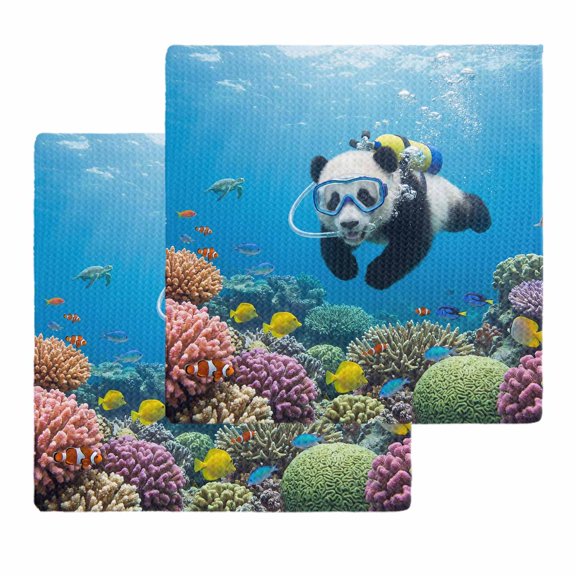 Funny Diving Panda Kitchen Dish Towels for Drying Dishes Set of 2, Ocean Sea Coastal Coral Fish Marine Life Waffle Weave Microfiber Hand Tea Bathroom Towels Quick Dry & Absorbent Towel 12x12