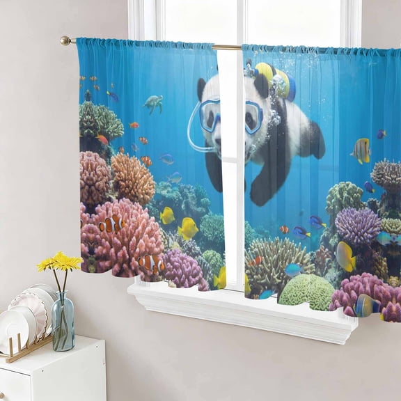 Funny Diving Panda Sheer Curtains 54 Inches Length 2 Panels Set, Window Sheer Curtains for Living Room/Bedroom, Ocean Sea Coastal Coral Fish Marine Life Light Filtering Rod Pocket Curtain 52''x54''x2
