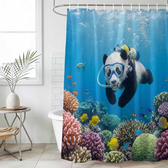 Funny Diving Panda Small Stall Shower Curtain, Waterproof Shower Curtains for Bathroom, Ocean Sea Coastal Coral Fish Marine Life Washable Fabric Bath Curtain for Bathtub with Hooks 36x72 Inches