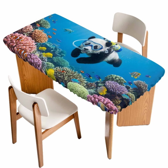 Funny Diving Panda Table Cloths for 3 Foot Rectangle Tables, Ocean Sea Coastal Coral Fish Marine Life Patio Waterproof Elastic Fitted Tablecloths, Washable Rectangular Table Cover for Camping